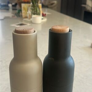 Crate & Barrel Stylish Black and Gray Salt and Pepper Grinder Set